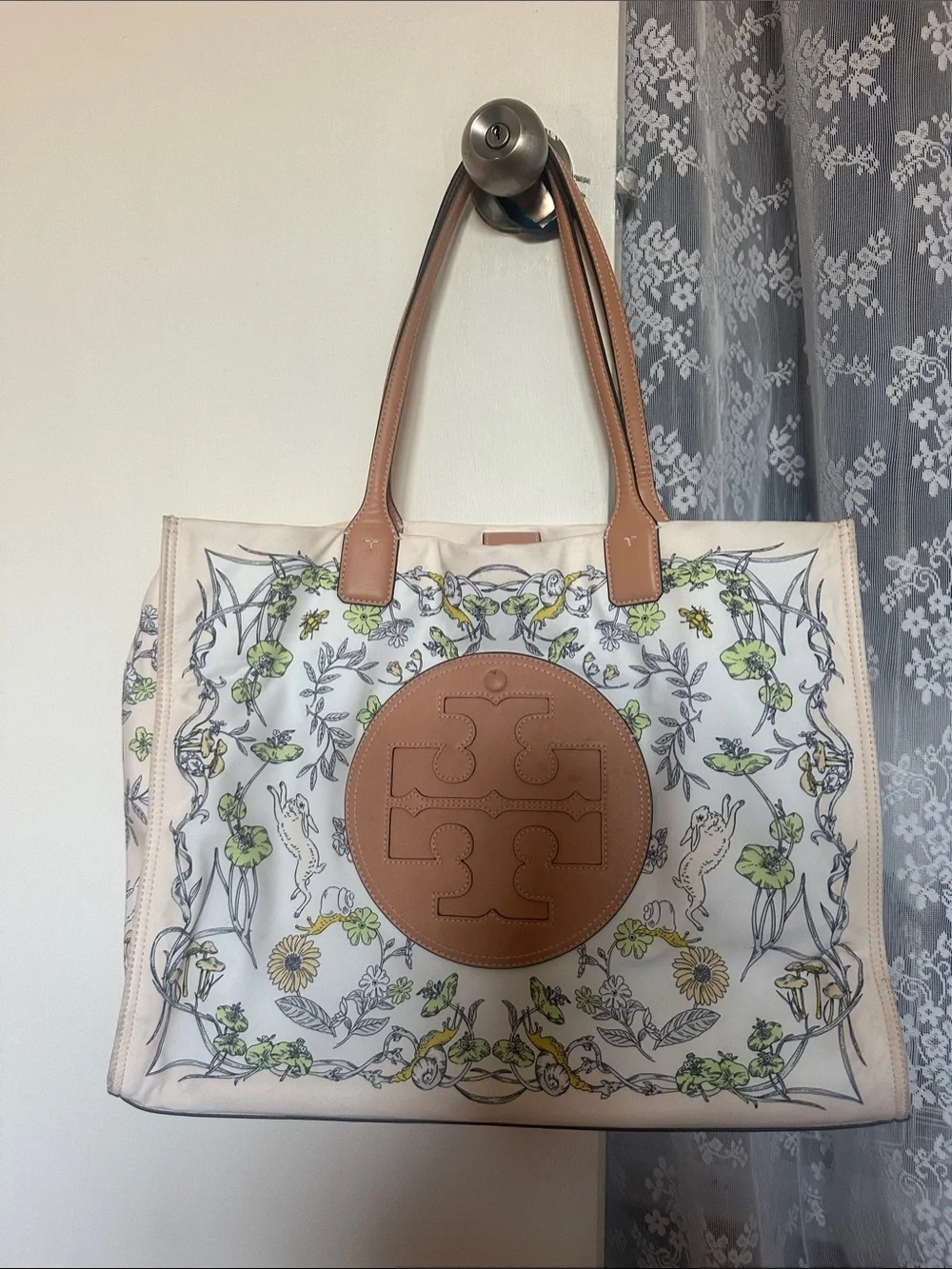 Cream Floral Tote with Tan Leather Accents